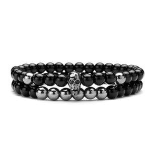 Fashion Men's 6mm Black Onyx Bead Skeleton Skull Head Beaded