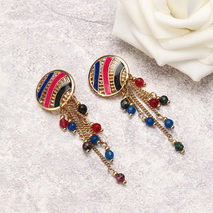 Women Bohemian Earrings Gold Plated Round Charm Tassel Colorful Bead Pendant Ear Clip Boho Jewelry