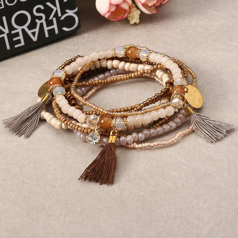 Bohemian Multilayer Tassel Charm Gold Color Coin Pendant Beads Bracelet for Women 