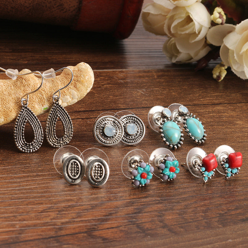 6 Pairs of Turquoise Ear Stud Alloy Rhinestones Earrings Set