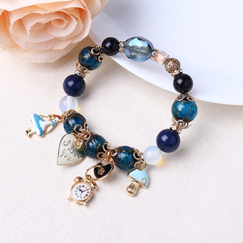 Bohemia Crystal Glass Beaded Bracelets Heart Clock Charm