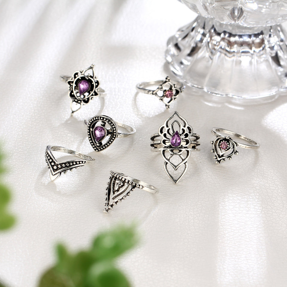 7 Pcs Purple Crystal Trendy Hollow Flower Knuckle Ring Set