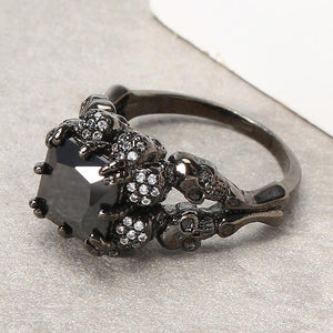 Black Zircon Stainless Steel Ring Gothic Claw Double Skull Rhinestone Finger Ring for Women