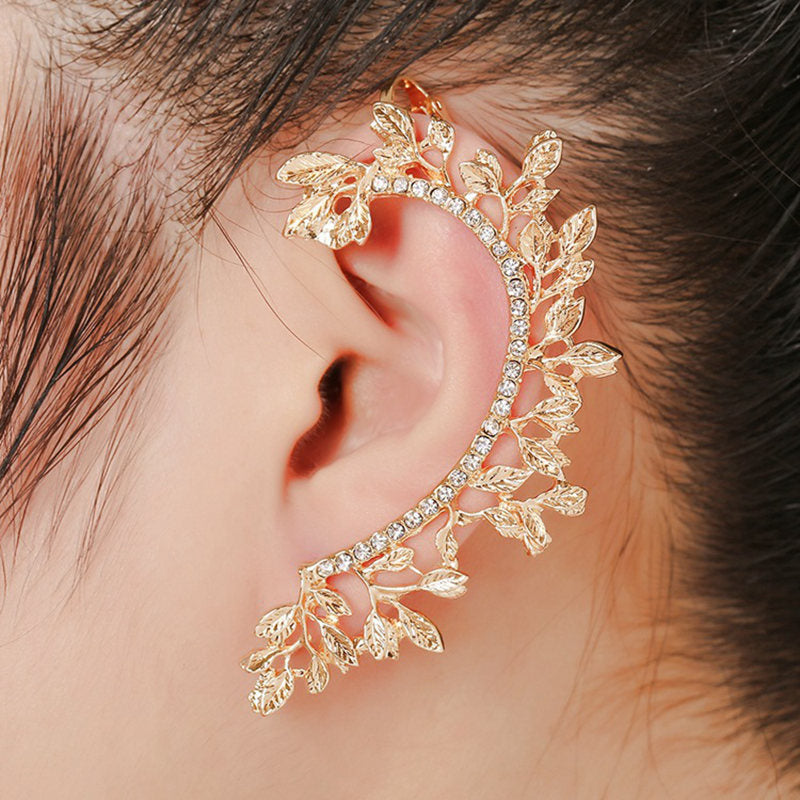 Metal Leaf Crystal Rhinestone Ear Cuff Stud Earring for Women