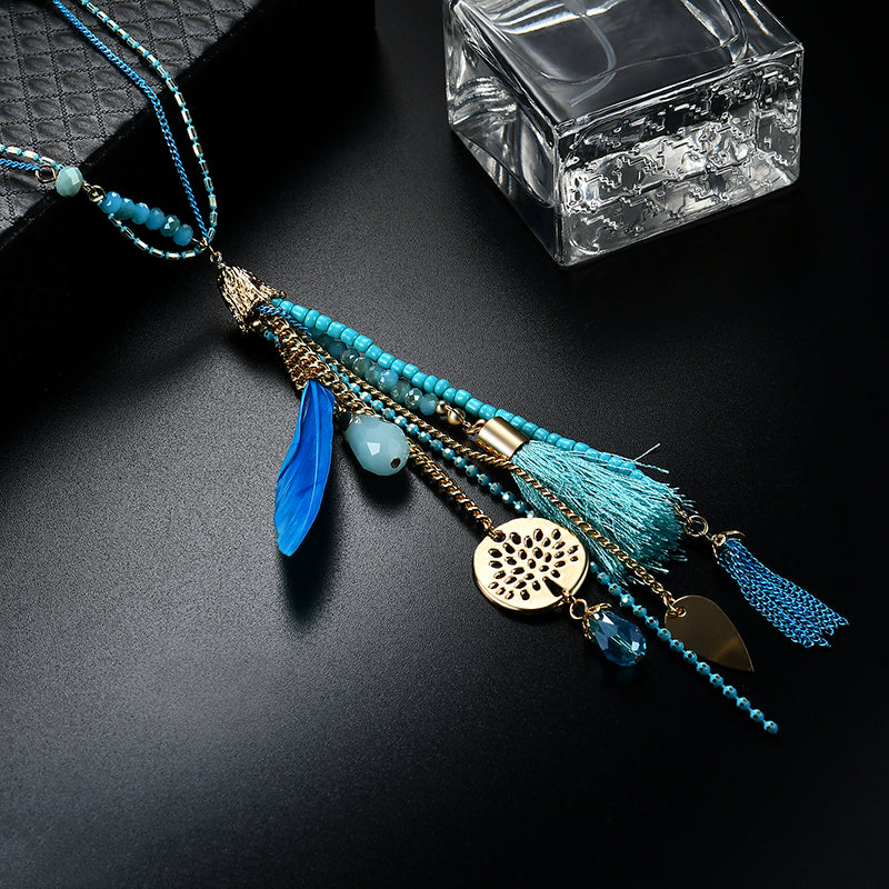 Bohemian Green Crystal Beads Pendant Chain Feather Tassel Long Necklace for Women 