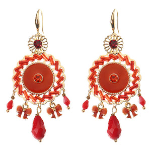 Bohemian Retro 14K Gold Plated Earrings Ethnic Sun Shape Bowknot Red Zircon Ear Drop for Women