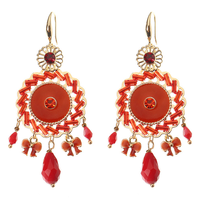 Bohemian Retro 14K Gold Plated Earrings Ethnic Sun Shape Bowknot Red Zircon Ear Drop for Women