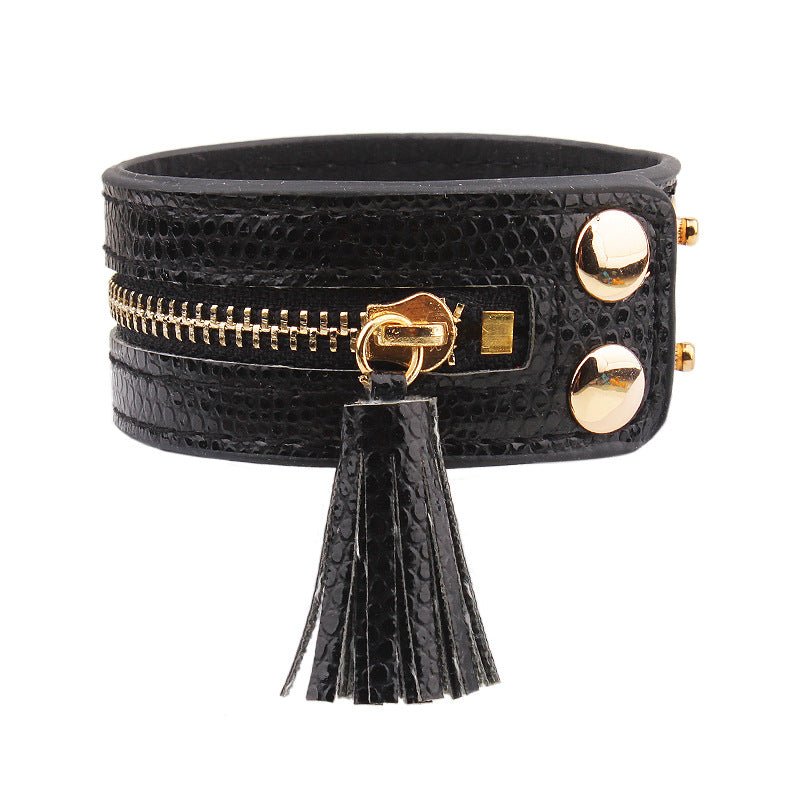 Leather Zipper Wide Tassel Bracelets For Women