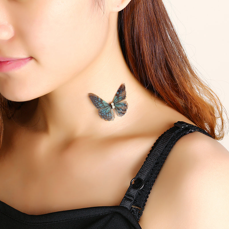 Colorful Elegant Choker Necklace Butterfly Rhinestone Invisible Necklace for Women