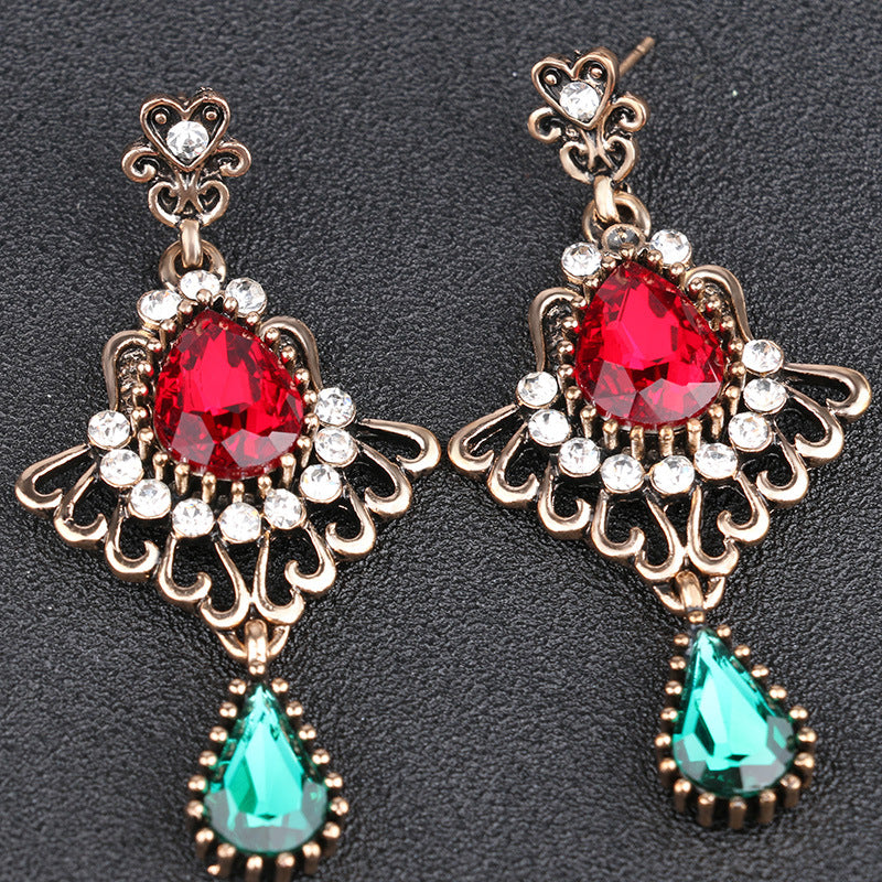 Ethnic Tassel Earring Openwork Drop-shaped Ruby Glass