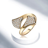 Elegant Sterling 24K Gold Plated Shiny Zircon Fan Shape Interlaced Ring Fashion Women Jewelry