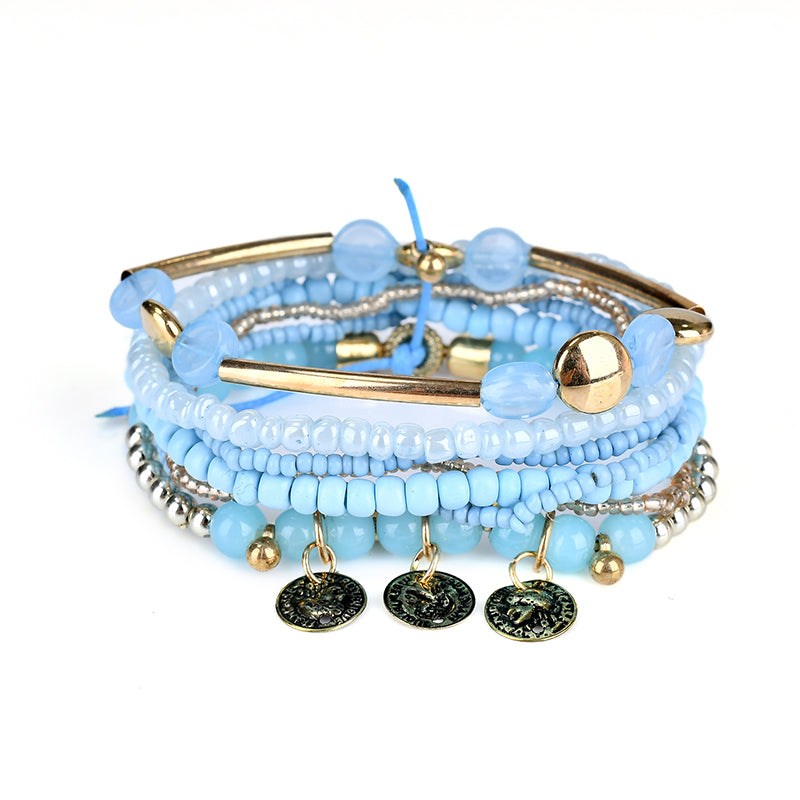 Retro Triple Coins Pendant Bohemian Multilayer Beads Bracelet Best Gift Jewelry for Women