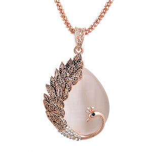 Retro Opal Crystal Peacock Feather Women Pendant Necklace