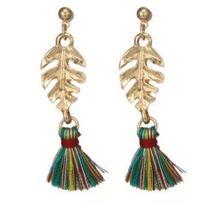 Vintage Ear Drop Earring Gold Leaf Fabric Colorful Tassels