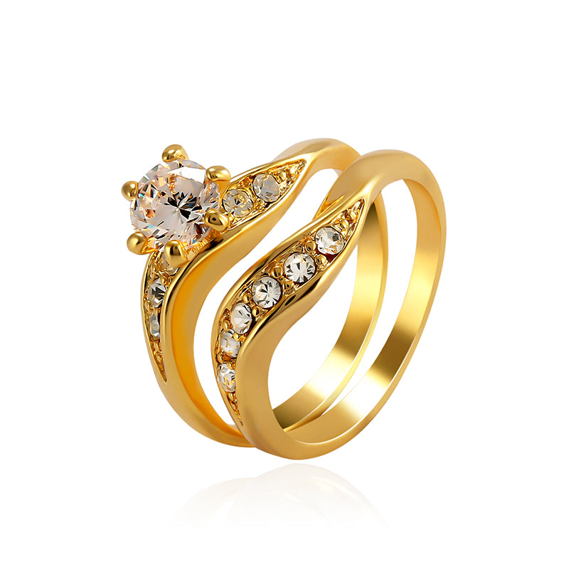 2pcs Gold Plated Finger Ring Inlay Zircon Crown Six-prong Ring Set Women Fine Jewelry