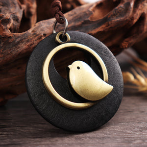 Vintage Round Wood Plate Pendant Necklaces