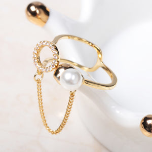 Trendy Open End Ring 18K Gold Plated Zirconia Round Pearl