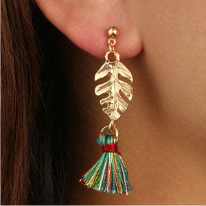 Vintage Ear Drop Earring Gold Leaf Fabric Colorful Tassels