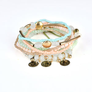 Retro Triple Coins Pendant Bohemian Multilayer Beads Bracelet Best Gift Jewelry for Women