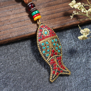 Handmade Nepal Buddhist Mala Wood Beaded Necklace Fish