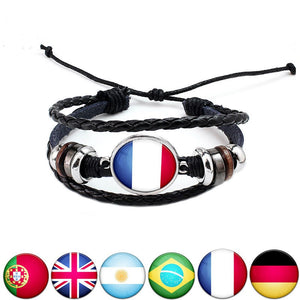 Unisex National Flag Pattern Bracelet Alloy Leather Rope Bracelet for Men Women