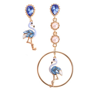 Fashion Asymmetry Blue Pink Flamingo Dangle Earrings Crystal