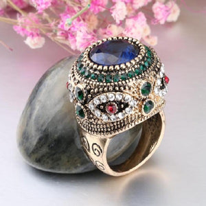 Bohemian Blue Rhinestone Finger Ring Ethnic Gold Plated Ring