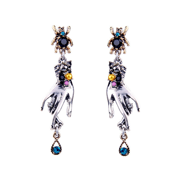 Retro Magic Hands Spider Drop Crystal Silver Dangle Earring