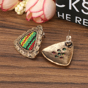 Retro Ethnic Colorful Cloth Triangle Alloy Ear Stud Women Earrings