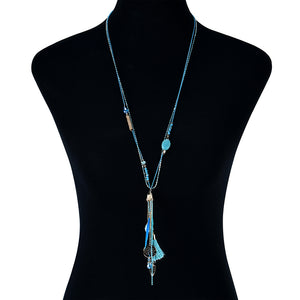 Bohemian Green Crystal Beads Pendant Chain Feather Tassel Long Necklace for Women 