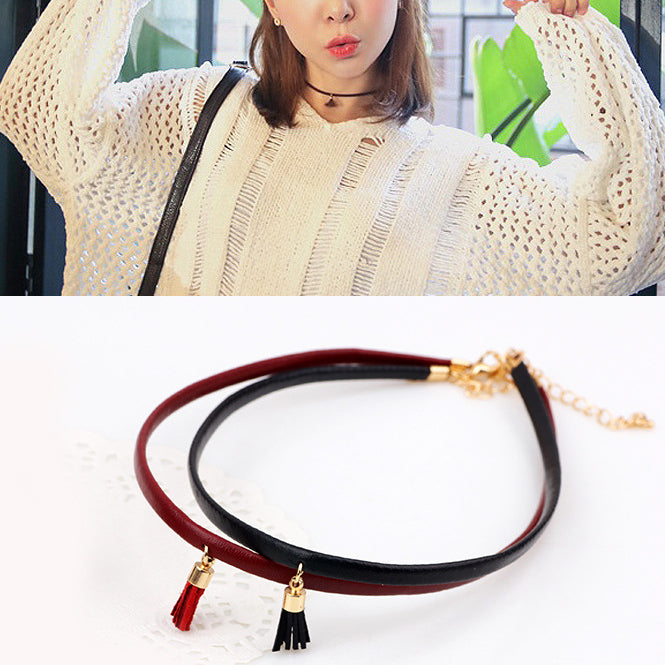 Leather Belt Short Collar Cord Tassel Collar Necklaces 