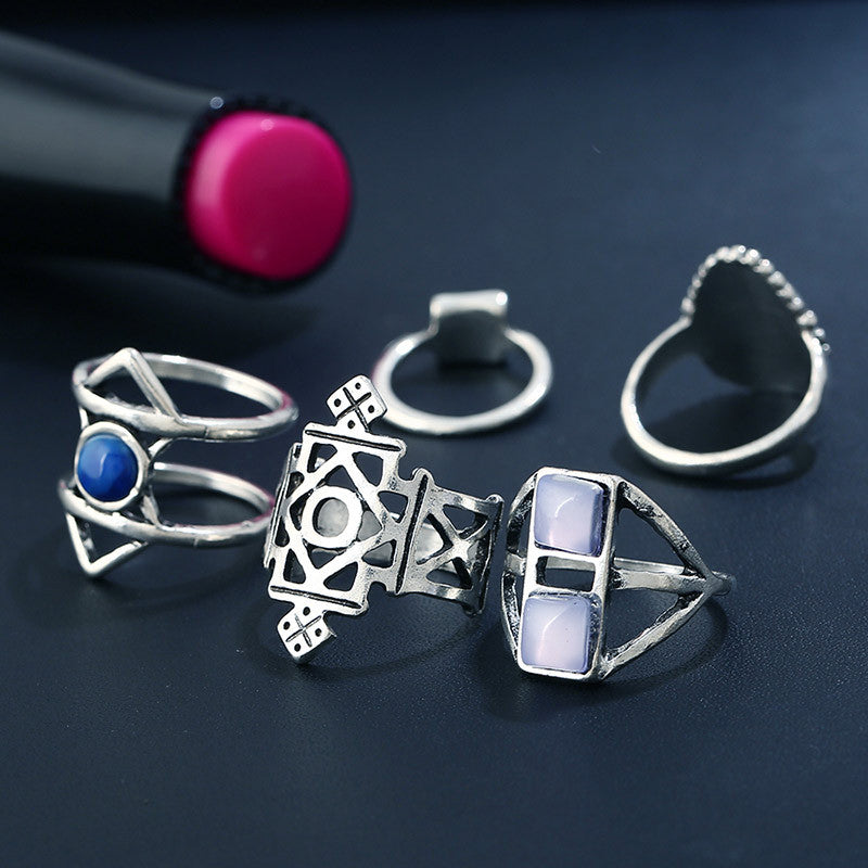 5 Pcs Stylish Bohemian Geometric Alloy Resin Ring Set Jewelry for Women