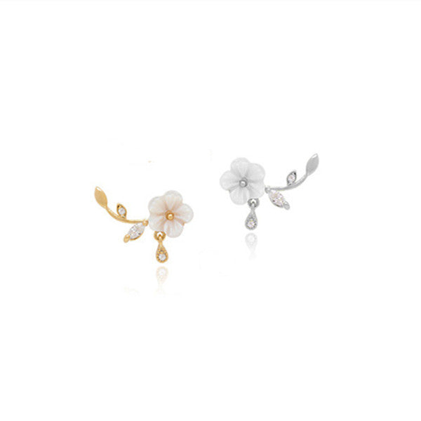 Sweet Flower Leaf White Zircon Crystal Ear Stud Earrings Women Jewelry