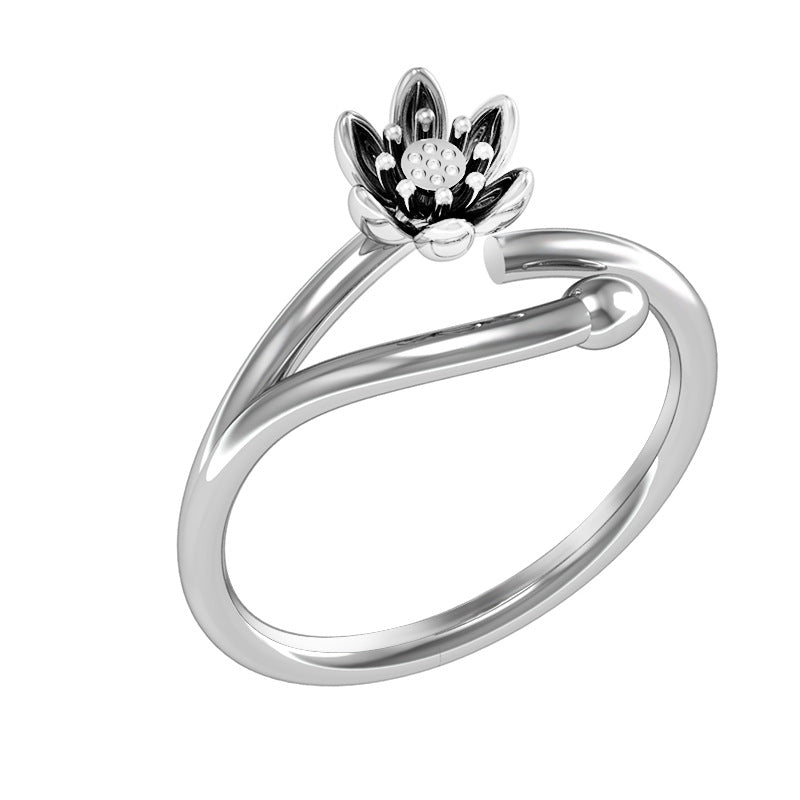 Fashion Platinum Plated Silver Ring Ethnic Lotus Flower Open