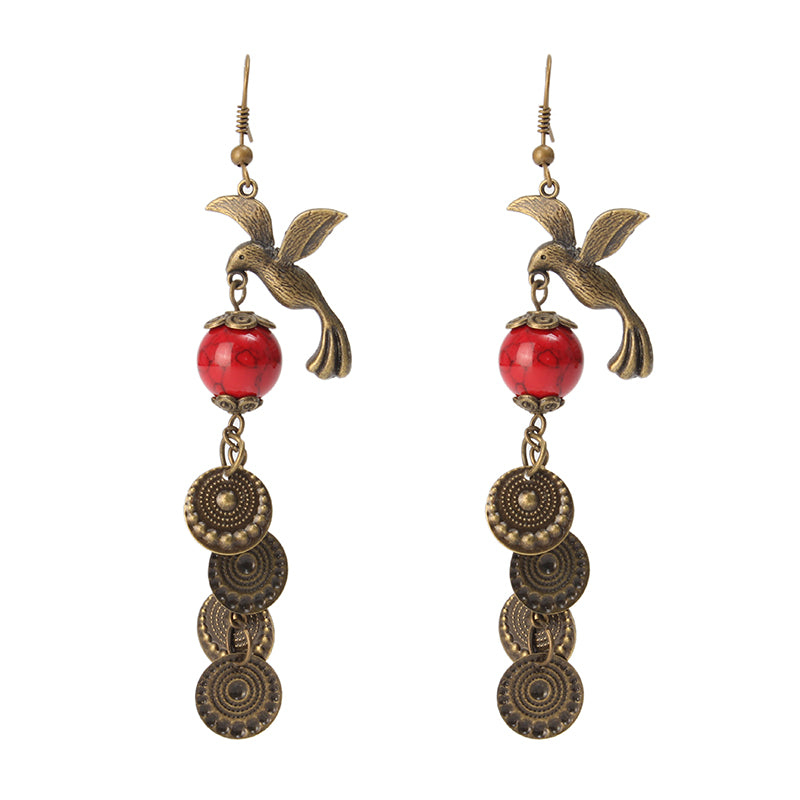 Vintage Red Turquoise Bird Ear Drop Bronze Earrings