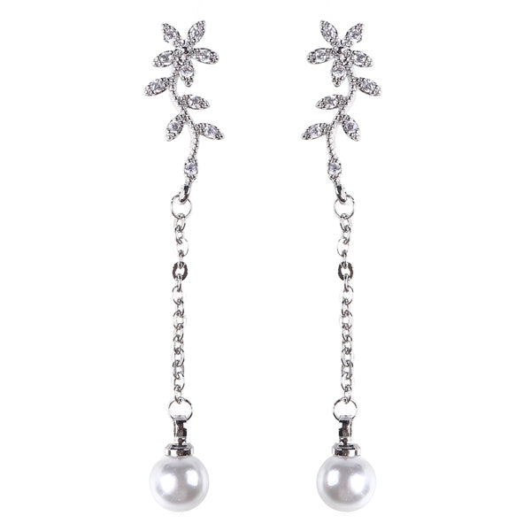 Temperament Flowers Pearl Earrings Long Zircon 925 Silver