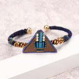 Bohemian Women Bracelet Punk Blue Bead Inlay Leather Triangle Charm Gold Plated Woven Boho Bangle 