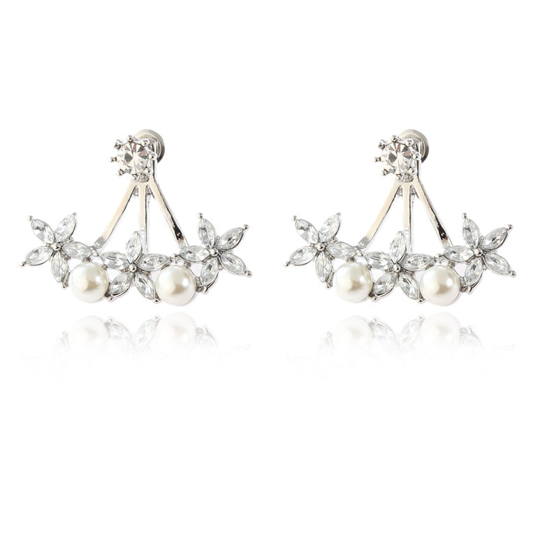 Sweet Flowers Rhinestones Pearls Ear Stud Earring Ear Jacket