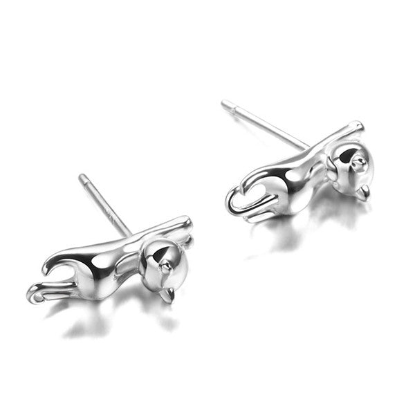 Lovely 925 Sterling Silver Platinum Animal Small Cat Ear Stud Earrings