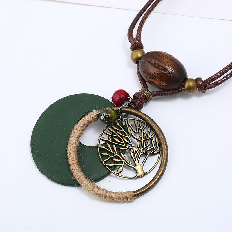 Women's Vintage Tree Wood Bead Long Leather Pendant Necklace