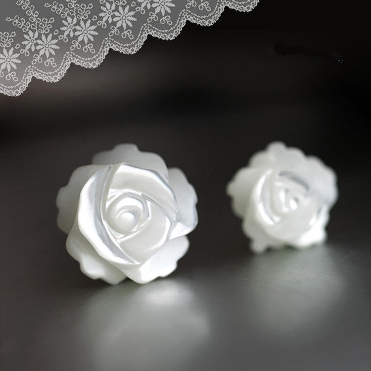 925 Silver Needle Shell Rose Flower Ear Stud Earrings Women Jewelry