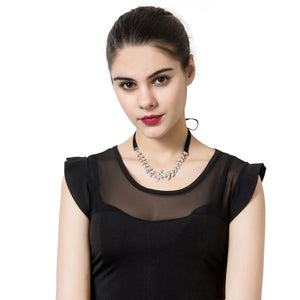 Elegant Shiny Rhinestone Leaves Pendant Adjustable Lace Long Necklace Jewelry for Women 