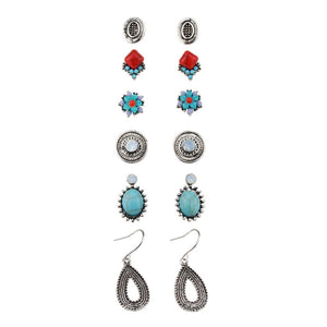 6 Pairs of Turquoise Ear Stud Alloy Rhinestones Earrings Set