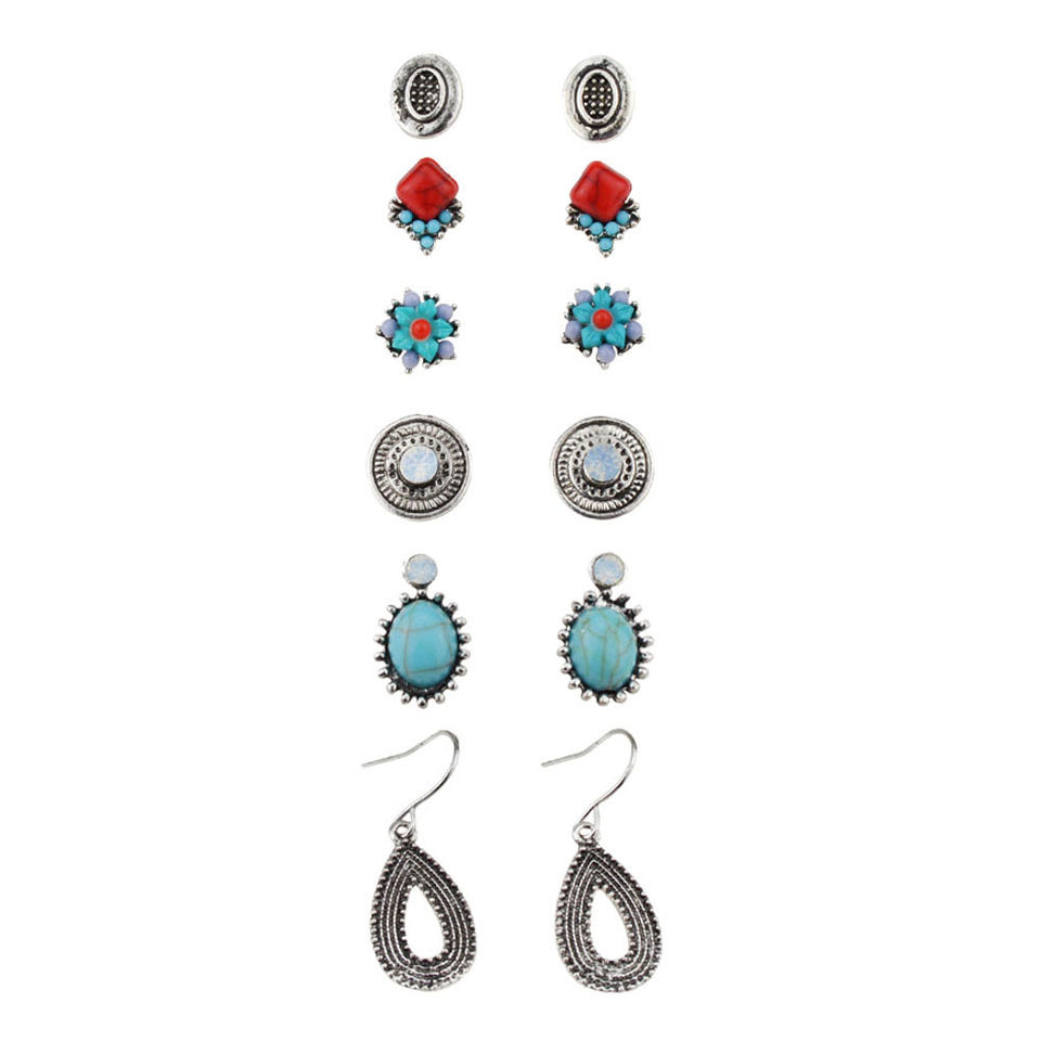 6 Pairs of Turquoise Ear Stud Alloy Rhinestones Earrings Set