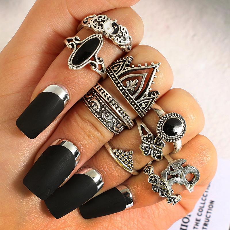 10Pcs Bohemian Statement Ring Set Vintage Crown Star Moon