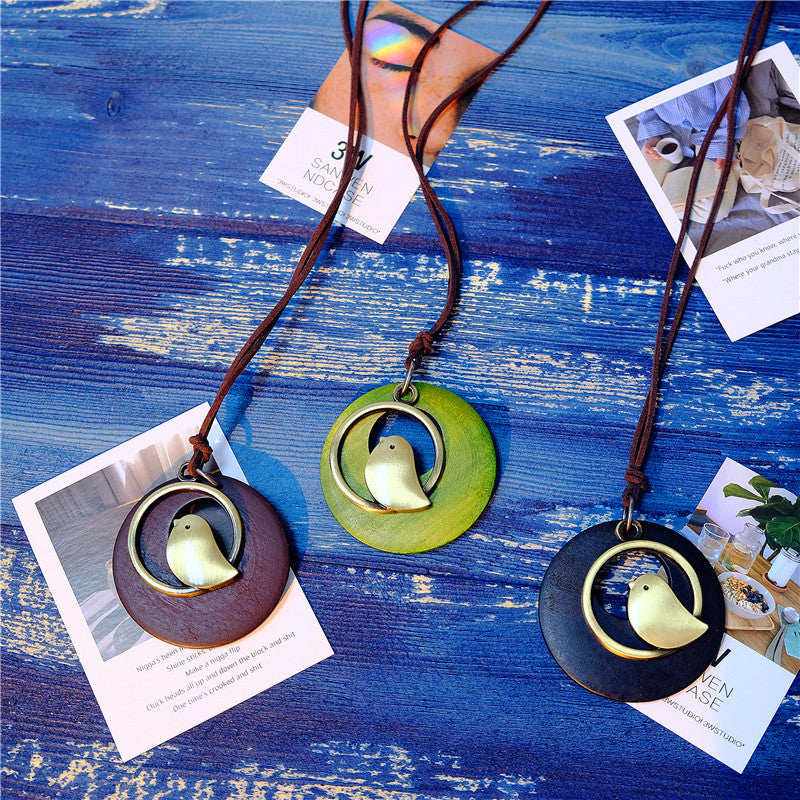 Vintage Round Wood Plate Pendant Necklaces