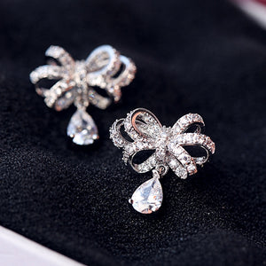 Sweet Bowknot Water Drop Zircon Ear Stud Earrings For Women