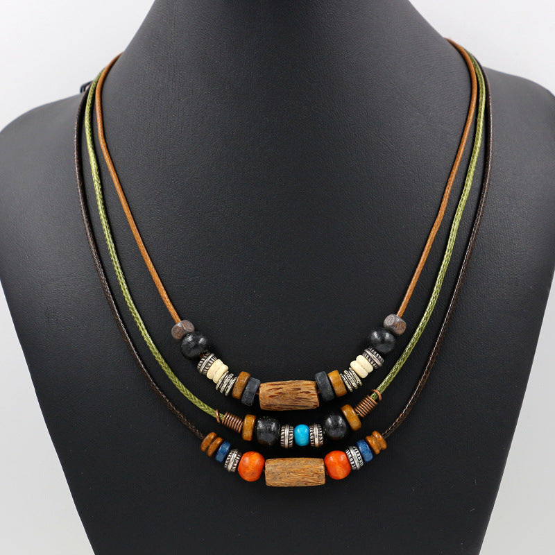 Bohemian Multilayer Necklace Wax Rope Alloy Wood Beaded