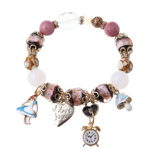 Bohemia Crystal Glass Beaded Bracelets Heart Clock Charm