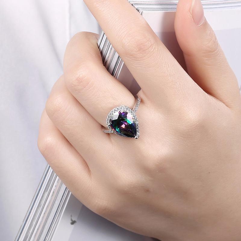 Sweet Wedding Ring Fashion Platinum Plated Water Drop Rainbow Zircon Women Finger Ring 